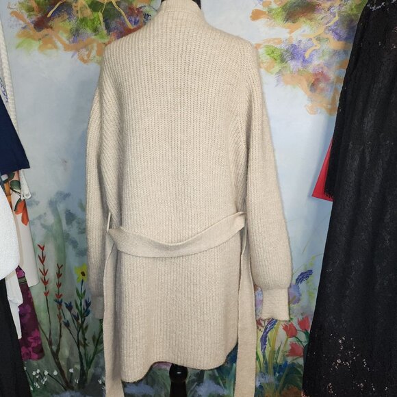 Wool Knit Beige Long Cardigan Sweater With Tie Belt - Picture 8 of 11